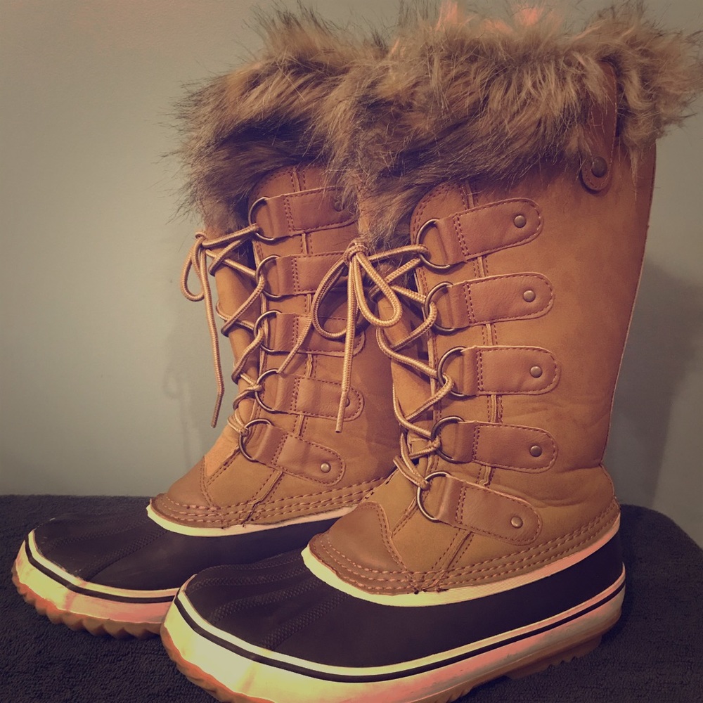JBU Women's Brown Tan Fur-Trim Winter Rain Boots